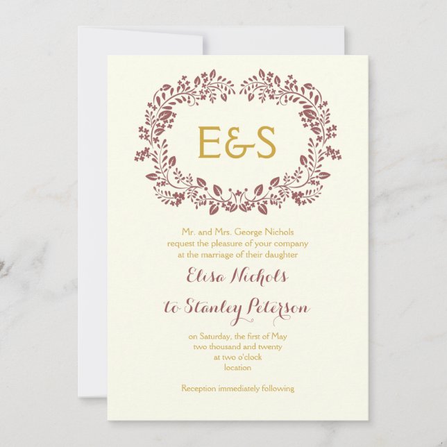 Invitación Marco de correa de la follaje de Marsala con boda  (Anverso)