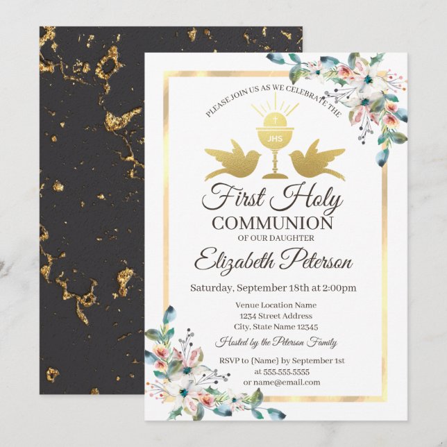 Invitación Marco de cruz dorada floral primera comunión (Anverso / Reverso)