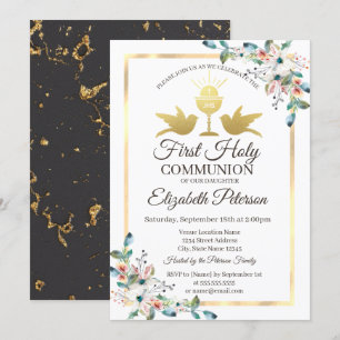 Invitación Marco de cruz dorada floral primera comunión
