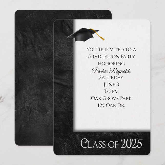 Invitación Marco de cuero del partido de graduación 2025 (Anverso / Reverso)