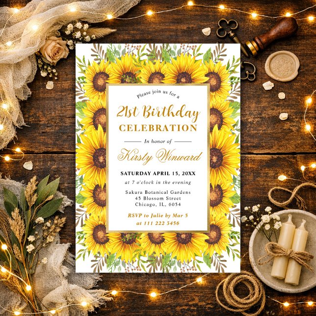 Invitación Marco de cumpleaños con girasoles en acuarela (Subido por el creador)