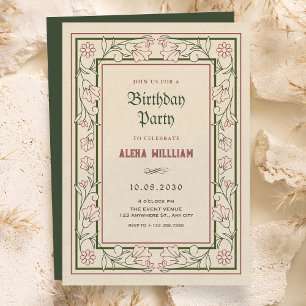 Invitación Marco de cumpleaños de arte floral artístico vinta