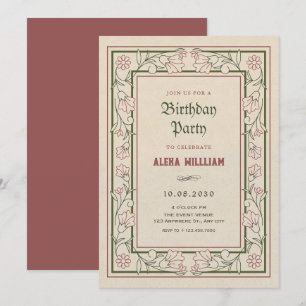 Invitación Marco de cumpleaños de arte floral artístico vinta