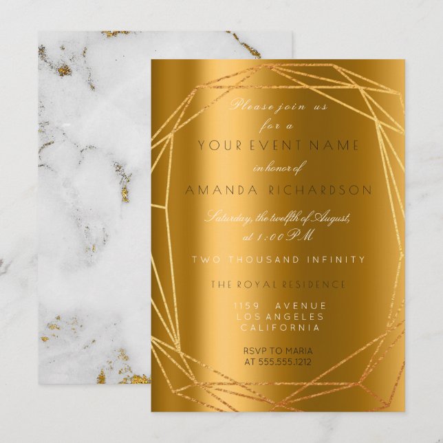 Invitación Marco de diamante de cumpleaños de mármol gris dor (Anverso / Reverso)