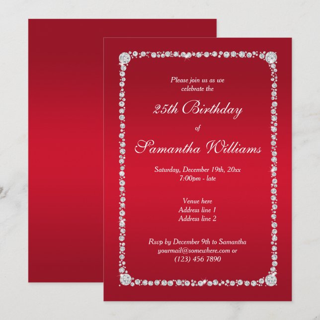 Invitación Marco de diamante glamoroso y cumpleaños rojo rubí (Anverso / Reverso)