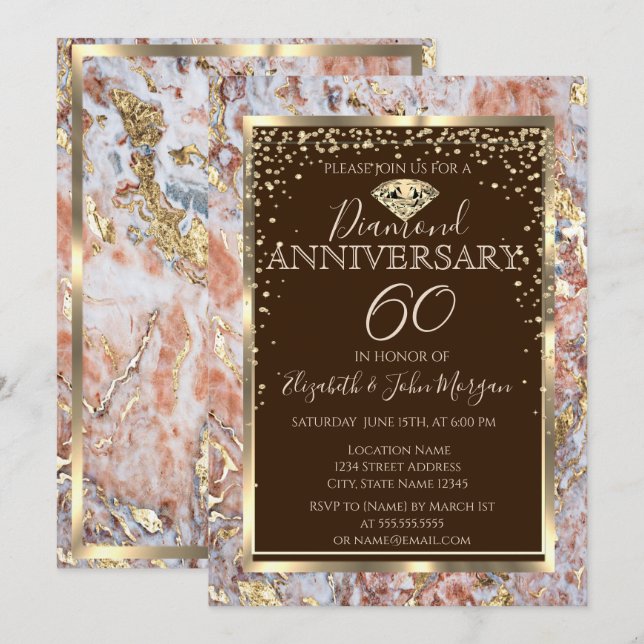 Invitación Marco de diamante mármol brillo boda aniversario (Anverso / Reverso)