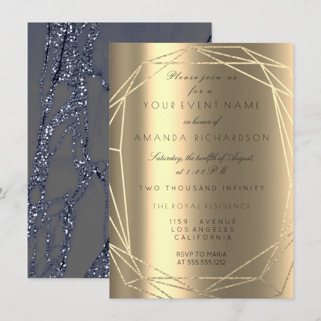 Invitación Marco de diamantes de boda de cumpleaños de mármol (Anverso / Reverso)