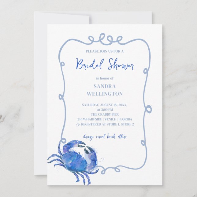 Invitación Marco de doodle de cangrejo azul de playa (Anverso)