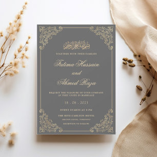 Invitación Marco de encaje antiguo dorado gris musulmán boda