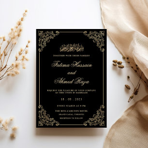 Invitación Marco de encaje antiguo dorado y negro para boda m