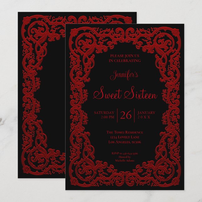 Invitación Marco de encaje ornamentado rojo Dulces 16 (Anverso / Reverso)
