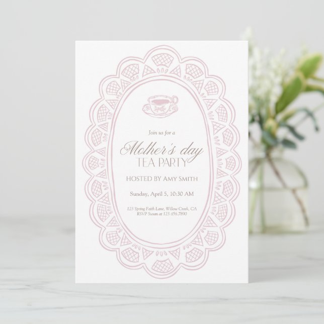 Invitación Marco de encaje rosa para fiesta de té del Día de  (Anverso de pie)