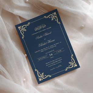 Invitación Marco de encaje victoriano oro azul marino boda mu