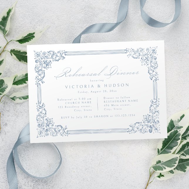 Invitación Marco de época azul turbio elegante para la cena (Dusty Blue Vintage Frame Elegant Rehearsal Dinner Invitation)