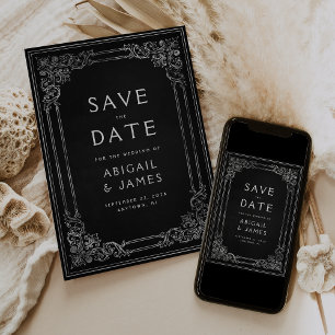 Invitación Marco de época Boda de plata negra Guardar la fech