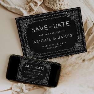 Invitación Marco de época Boda de plata negra Guardar la fech