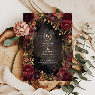 Invitación Marco de época dorada con flores de borgoña