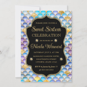 Invitación Marco de escamas de sirena iridiscentes y doradas 