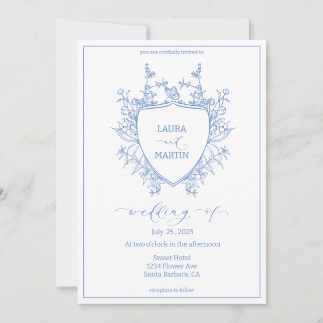 Invitación Marco de escudos florales azules, guión de caligra (Anverso)