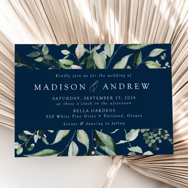 Invitación Marco de exuberante vegetación boda Navy (Subido por el creador)
