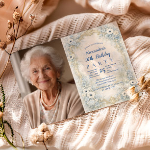 Invitación Marco de Flor Azul Barroco para Cumpleaños 90