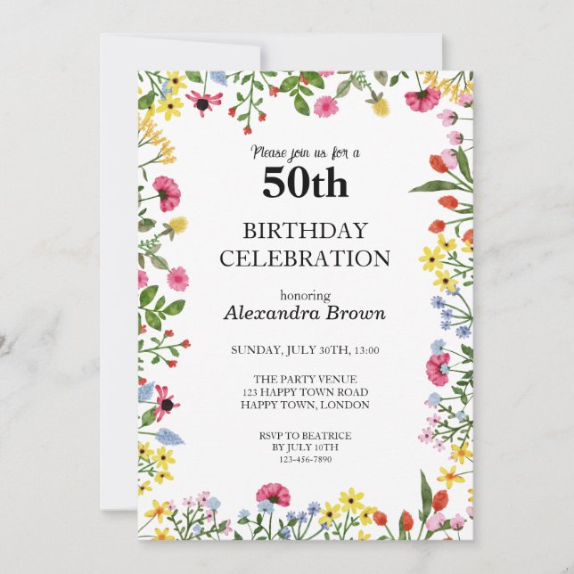 Invitación Marco de Flor Cumpleaños 50 Foto Fiesta (Anverso)