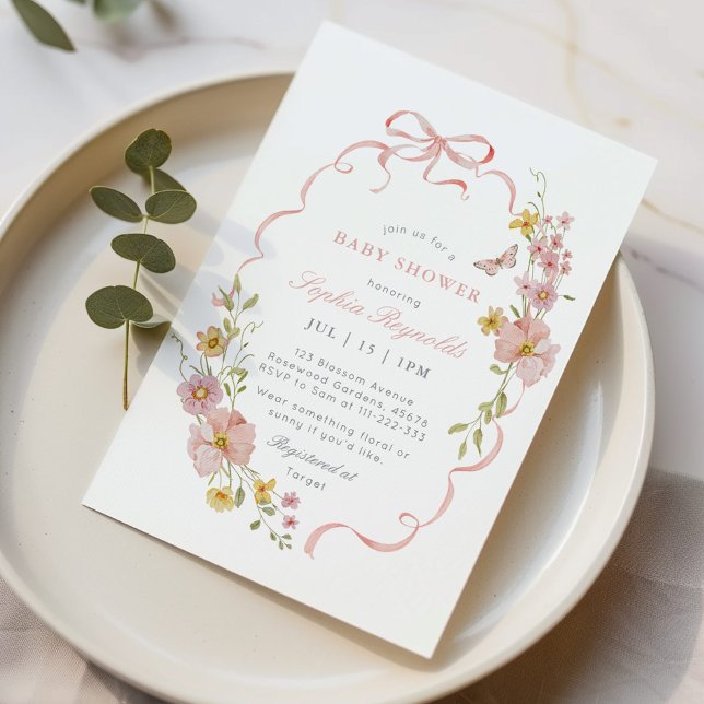 Invitación Marco de Flor de Flor Silvestre Baby Shower rosa (Subido por el creador)