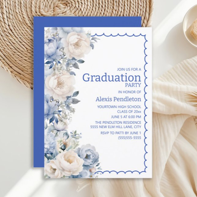 Invitación Marco de flores azules polvorientas y blancas con  (Dusty blue and white watercolor floral graduation party invitation)