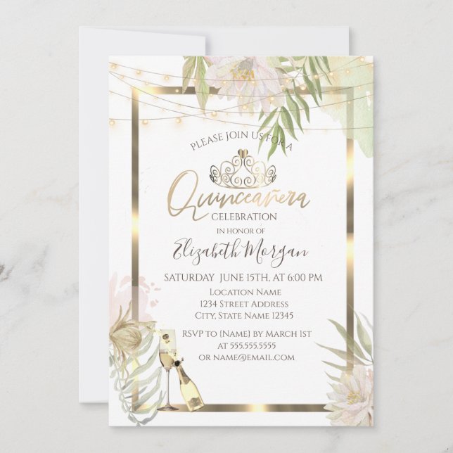 Invitación Marco de flores boho vino Quinceañera (Anverso)