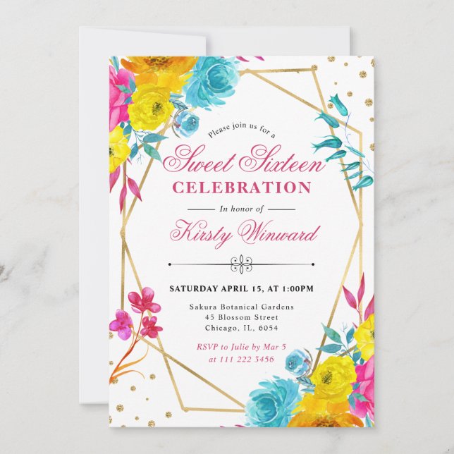 Invitación Marco de flores de agua de primavera Boho Sweet 16 (Anverso)