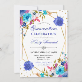 Invitación Marco de flores de primavera rosadas y azules Quin