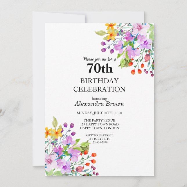 Invitación Marco de flores para cumpleaños 70 Foto fiesta (Anverso)