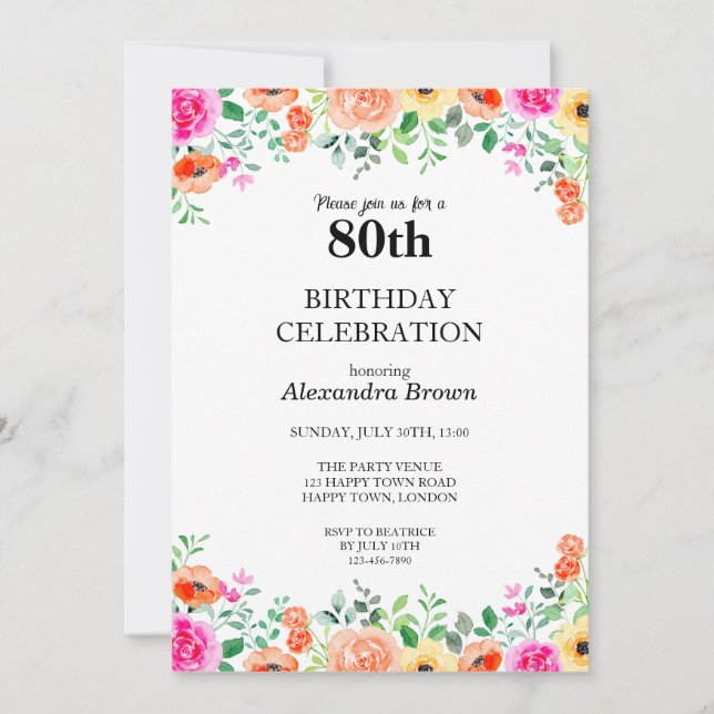 Invitación Marco de flores para cumpleaños 80 Foto Fiesta (Anverso)
