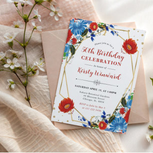 Invitación Marco de Flores Rojas y Azules Cumpleaños 50