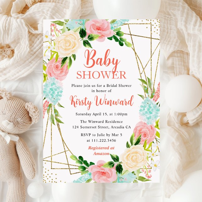 Invitación Marco de Flores Rosadas y Menta para Baby Shower (Subido por el creador)