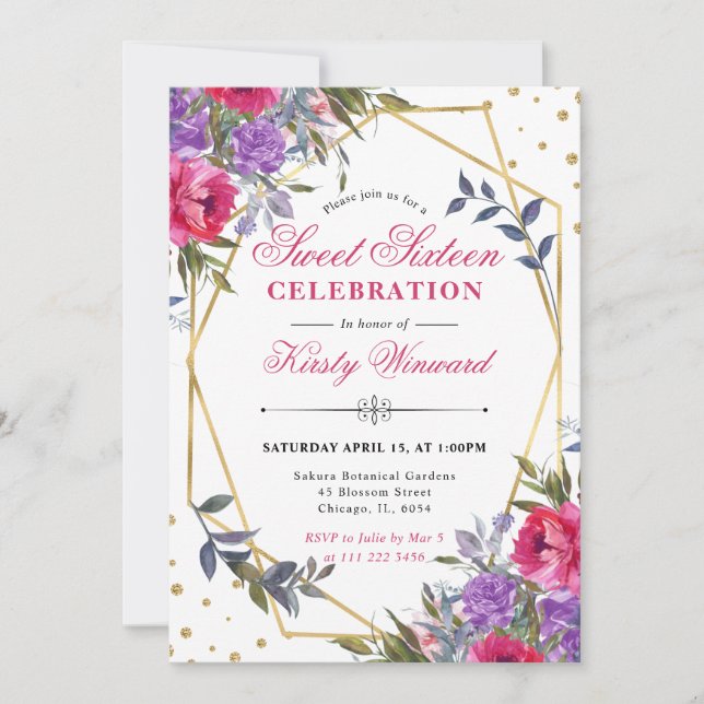 Invitación Marco de flores rosadas y púrpuras de primavera Sw (Anverso)