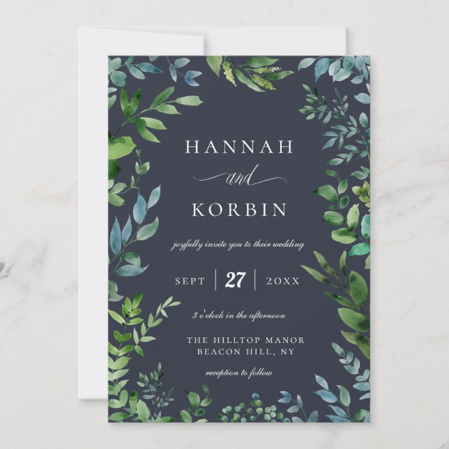 Invitación Marco de follaje forestal | Boda azul de la Marina (Anverso)