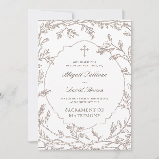 Invitación Marco de Follaje Marrón Delicado Boda Católica (Anverso)