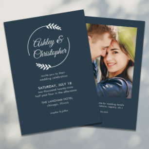Invitación Marco de follaje moderno Boda de fotos azul índigo