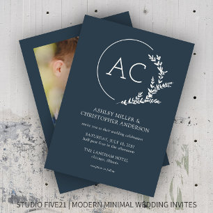 Invitación Marco de follaje moderno Boda de fotos azul índigo