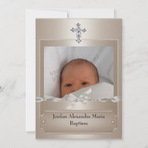 Invitación Marco de foto beige joya cruz bautizo largo