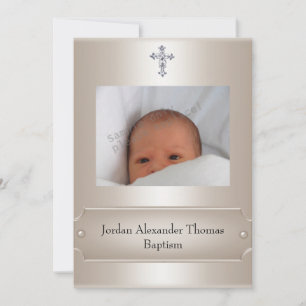 Invitación Marco de Foto Beige Metálico Joyero Cruz Bautizo