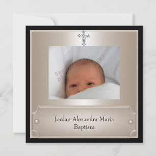 Invitación Marco de foto beige negro Jewel Cruz Bautizo