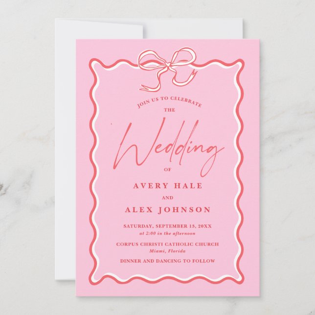 Invitación Marco de Foto Boda Ola Rosa y Rojo Retro (Anverso)