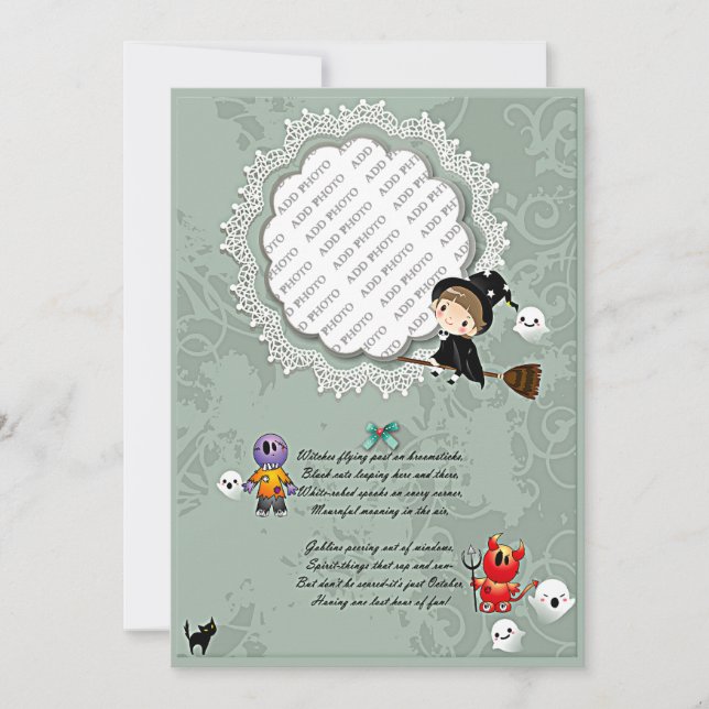 Invitación Marco de foto con bruja, monstruos, fantasma, gato (Anverso)