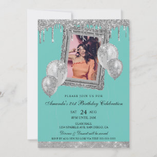 Invitación Marco de Foto con Drip de Brillo Plateado y Turque