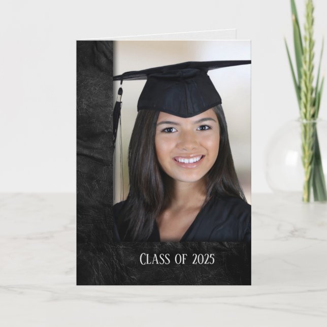 Invitación Marco de foto de cuero negro de graduación (Anverso)