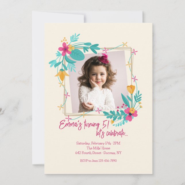 Invitación Marco de Foto de Flor para Niñas (Anverso)