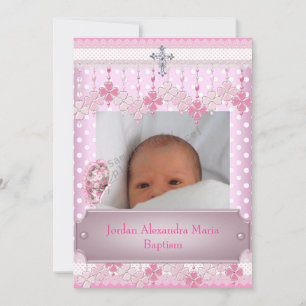 Invitación Marco de foto de mancha blanca rosa Cruz Bautismo