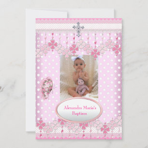 Invitación Marco de foto de mancha blanca rosa Cruz Bautismo
